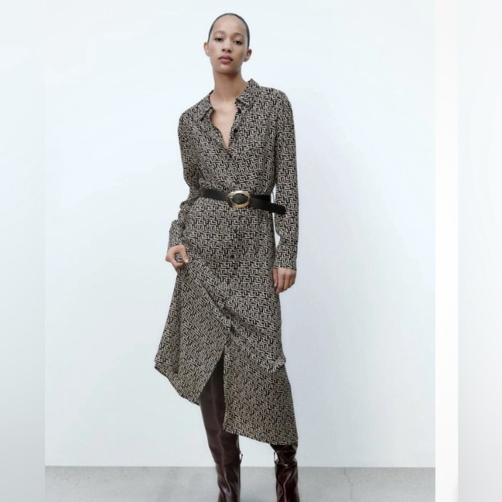 Zara Printed Shirt Dress Black ecru Patterned Maxi Dress